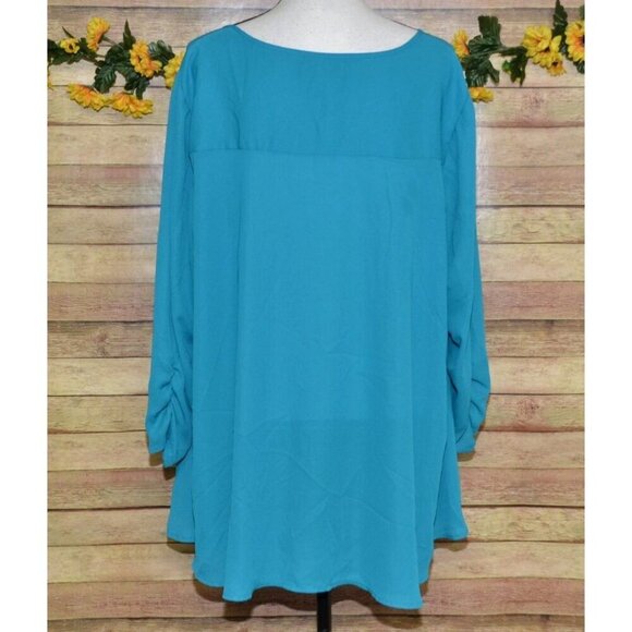 Valerie Stevens Blue Button Front Blouse Size 3X Flowy Chiffon 3/4 Ruched Sleeve - Picture 8 of 11